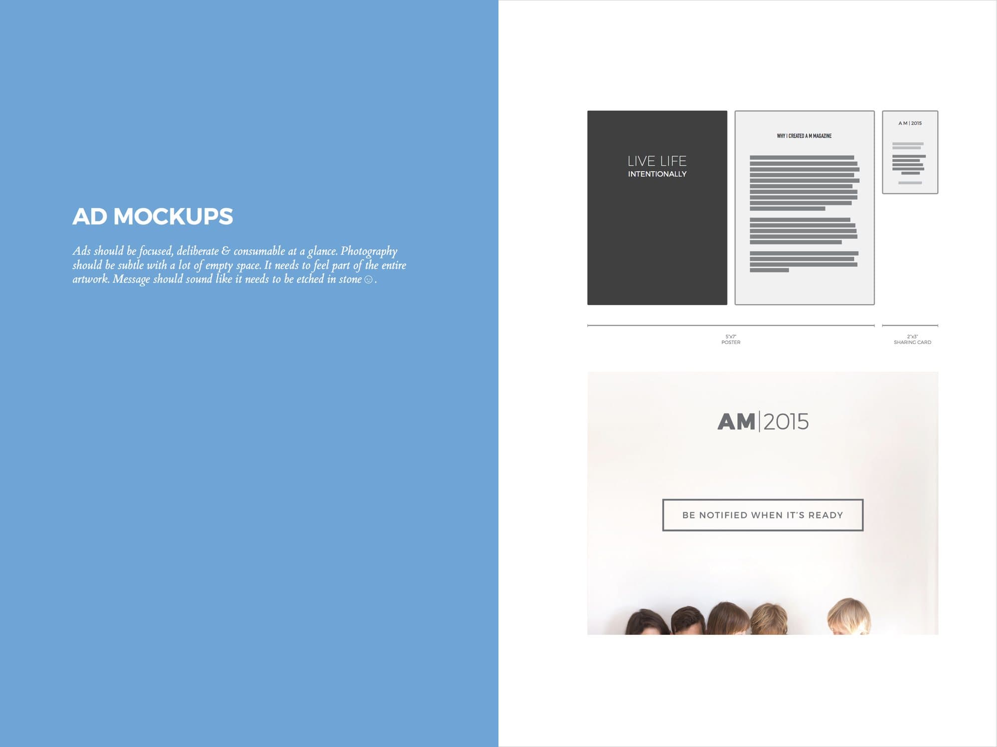 Branding guide spread on ad mockups, showing a Live Life Intentionally poster and an AM 2015 signup ad.