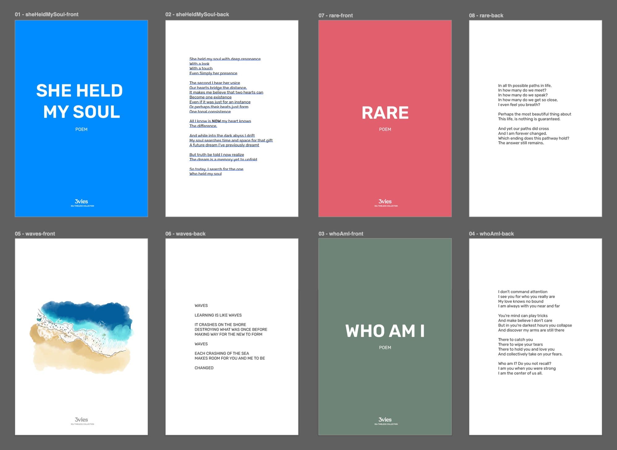 Poem handout cards, fronts and backs, for She Held My Soul, Rare, Waves, and Who Am I.