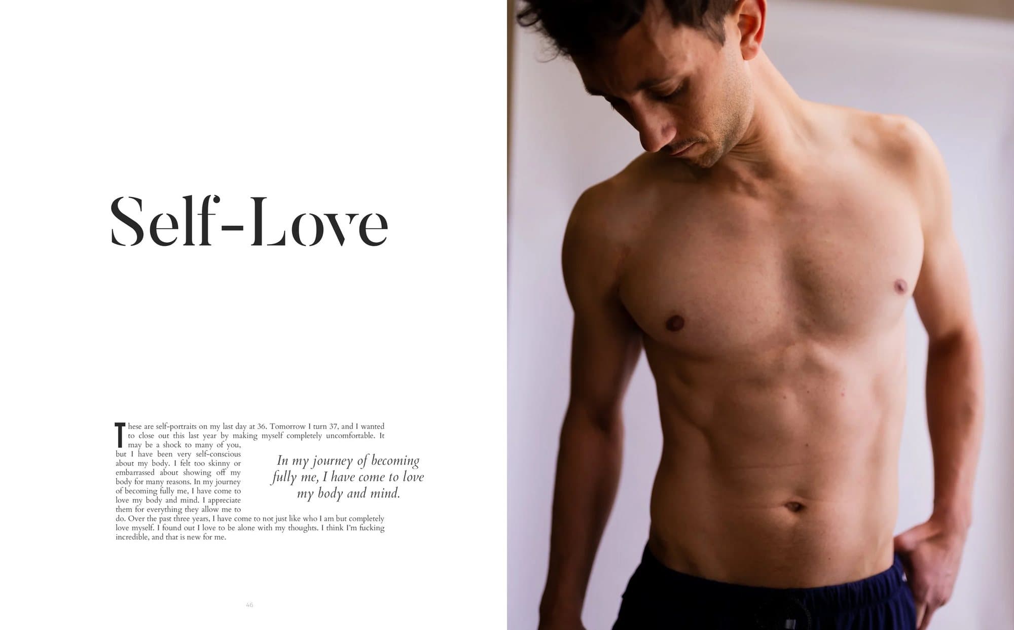 Spread from Volume 36 opening the article Self-Love beside Mark's shirtless self-portrait.