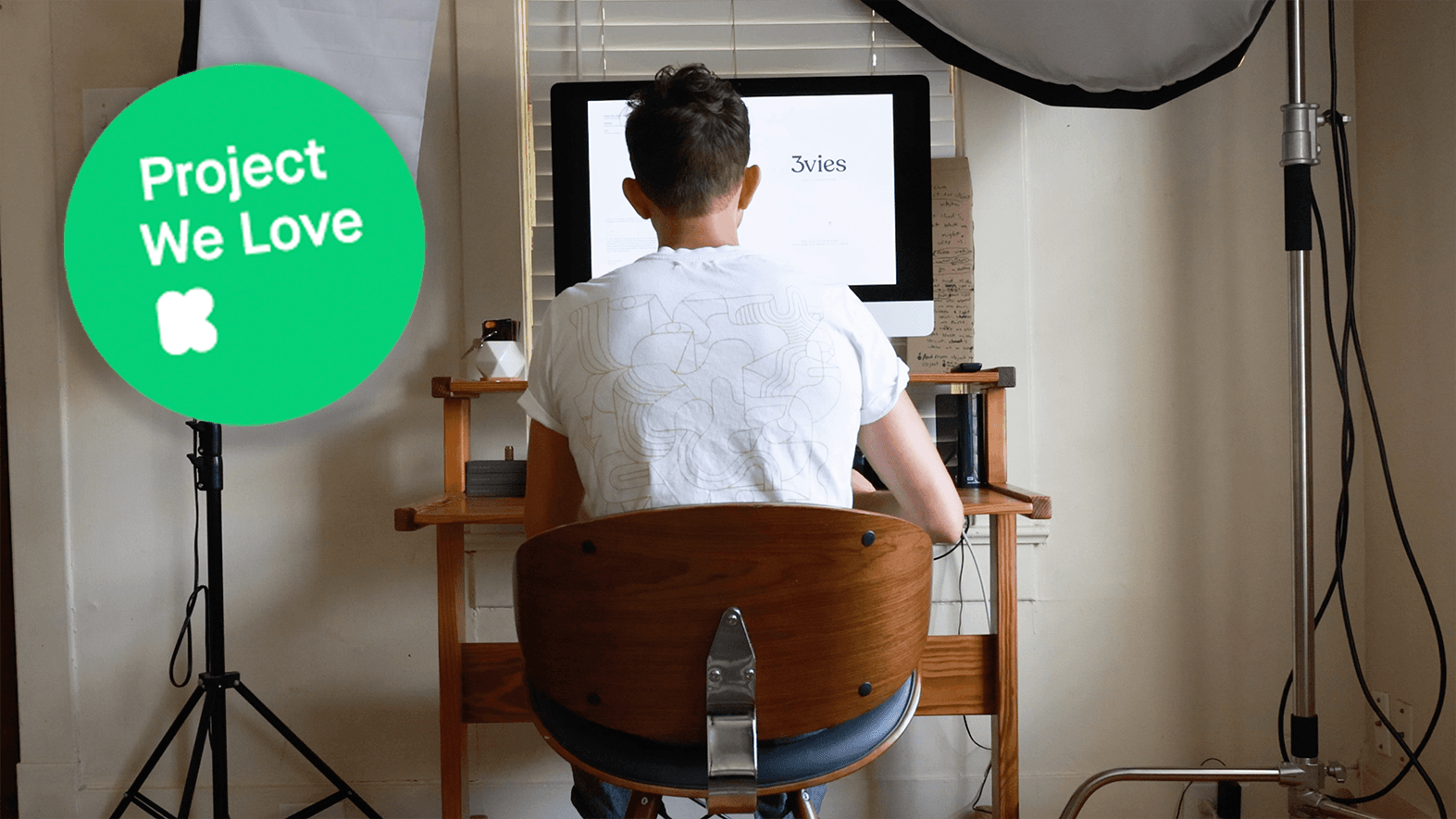 Launch video still of Mark at his desk facing a 3vies screen, with a Kickstarter Project We Love badge.