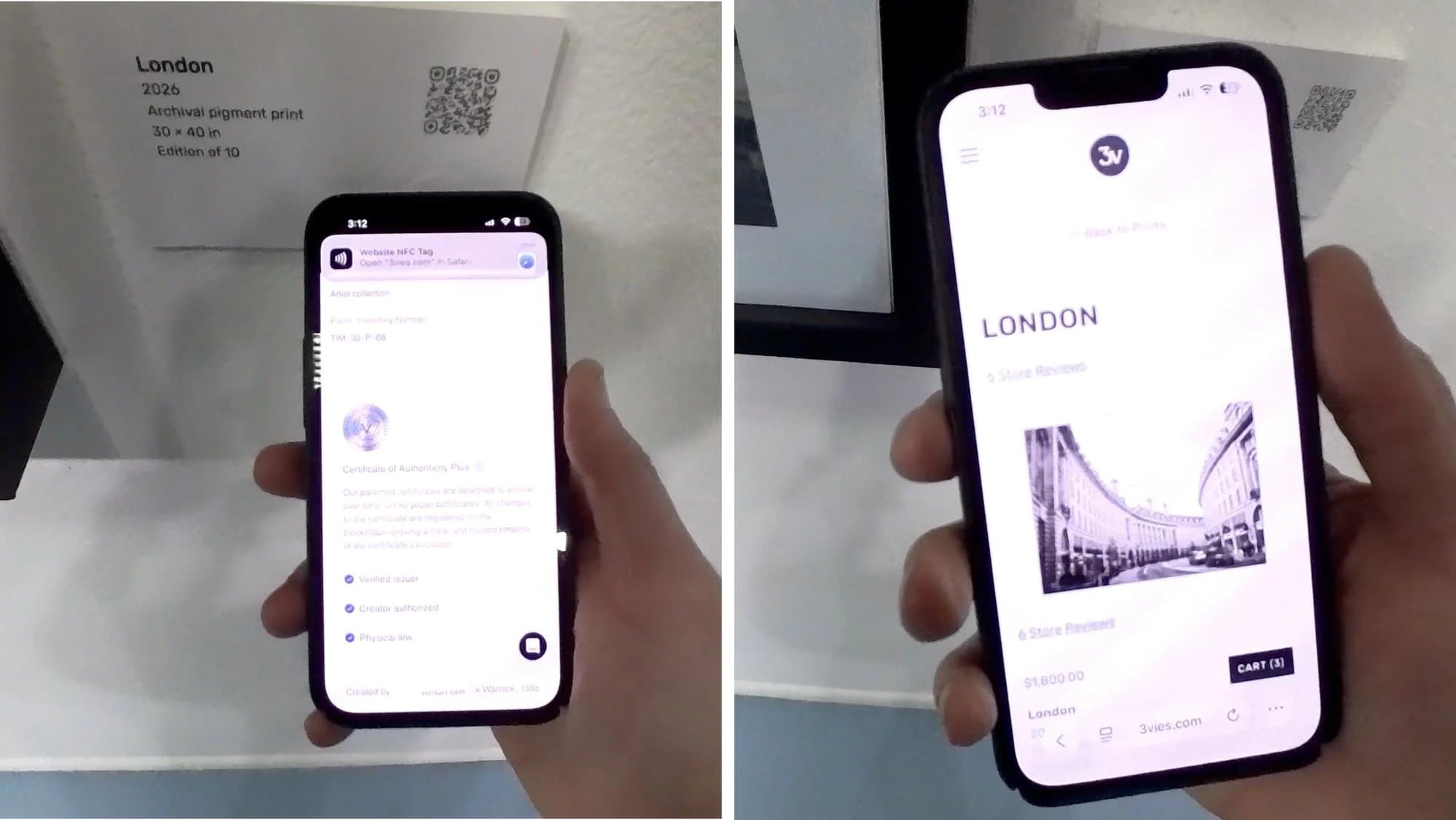 A phone scans the London wall label's NFC tag and opens the 3vies store page where the print can be purchased.