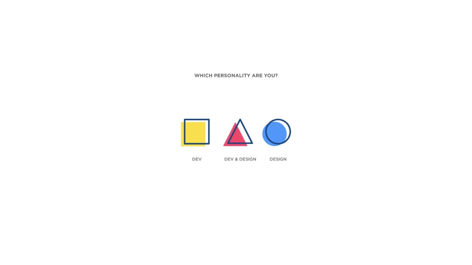 Keynote slide asking Which personality are you?, with square for Dev, triangle for Dev & Design, circle for Design.